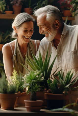 Couple smiling in front of plants